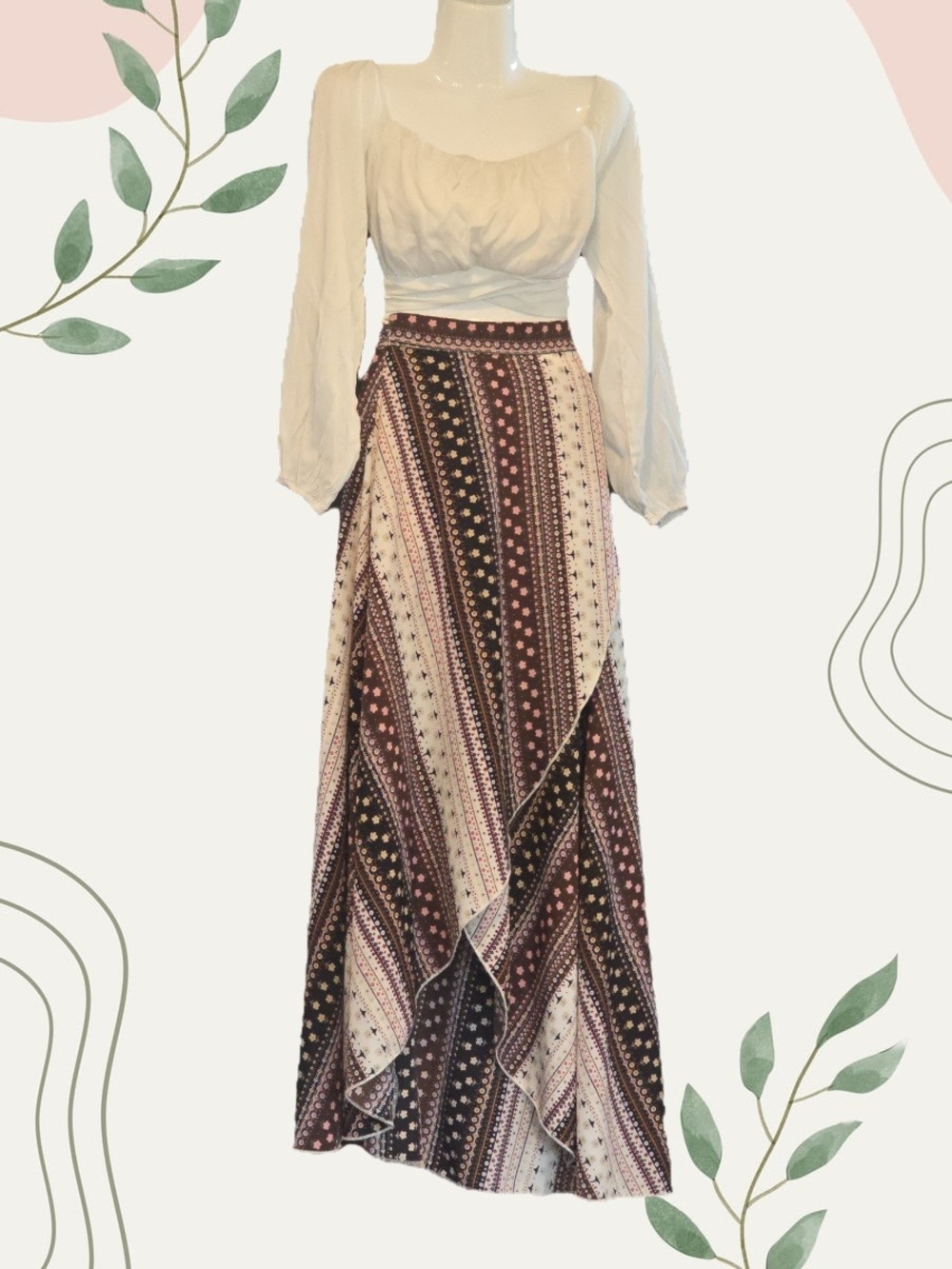 Boho Print Wrap Maxi Skirt - Brown & Cream